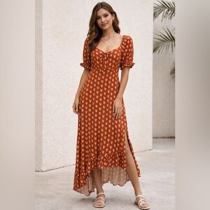 Patrons of Peace Boho Midi Dress Rust Floral Puff Sleeve Size L